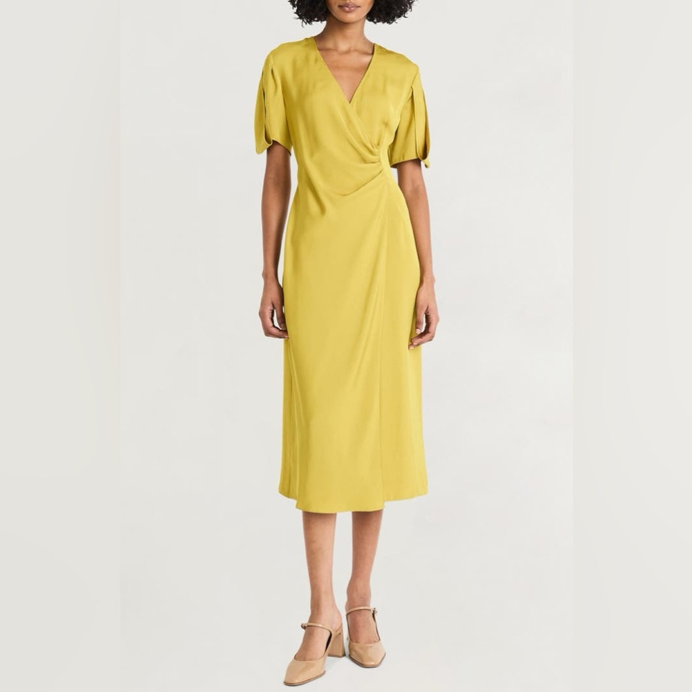NEW Luxely Pleated Silky Chartreuse Wrap-Style Dress - Picture 5 of 8